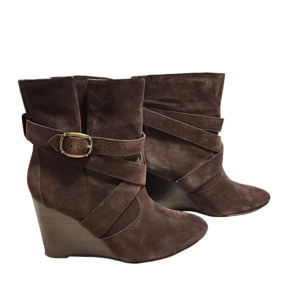 Colin Stuart Women Brown Leather Suede Belt Loop Booties Wedge Heel Size 8 B